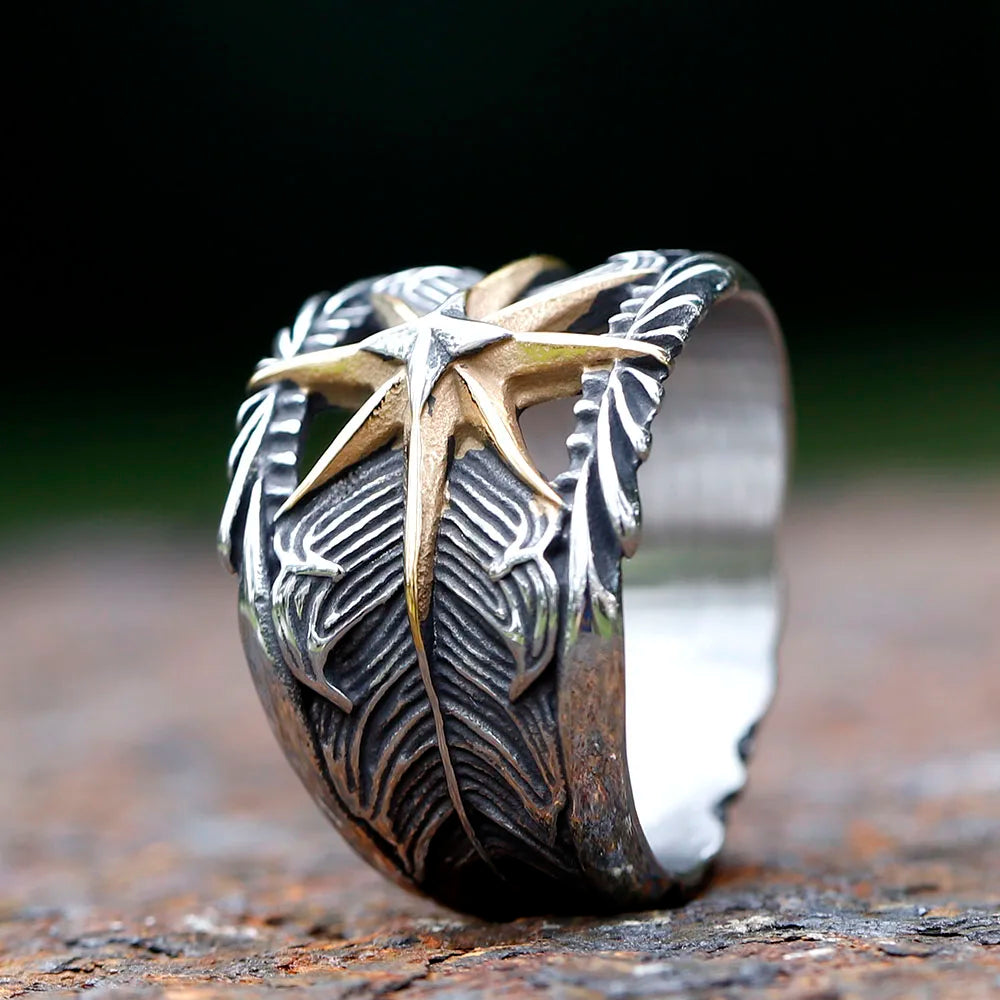 Octagram Ring 316L Stainless Steel Feather Men Ring Hollow Punk Rock Rap for Biker Male Friend Jewelry Creative Gift R-1201