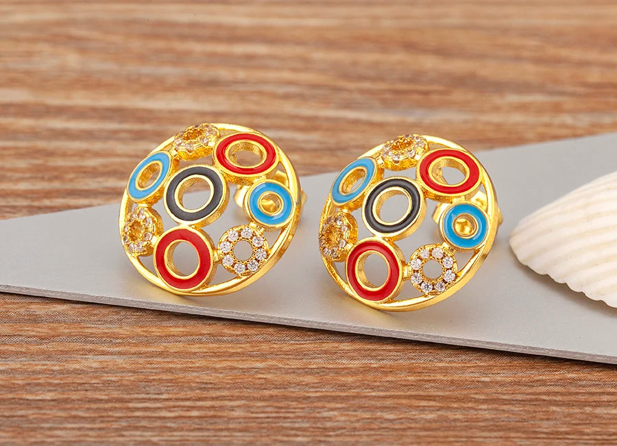 Fashion Creative Hollow Design Circle Colorful Zircon Necklace Earrings Luxury Party New Year Jewelry Sets