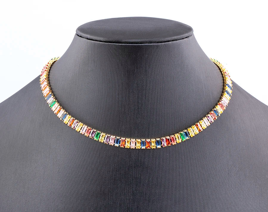 Classic Colorful Tennis Necklace Women Rectangular Full Zircon Neck Jewelry Adjustable Wedding Party Gift