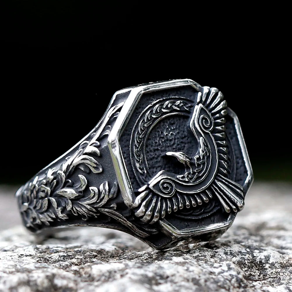 New 316L Stainless Steel Norse Amulet Mythology Flying Eagle Ring For Man Viking Pattern Jewelry Party Gift