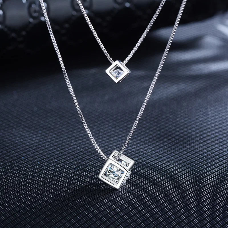 S925 Sterling Silver Love Cube Pendant For Women Double-Layer Clavicle Chain Pendant Necklace Necklace (40cm+3.5cm)