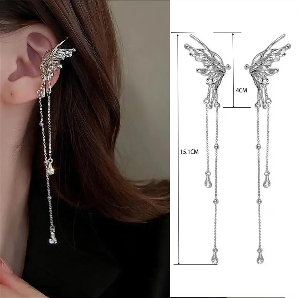 Kpop Silver Color Earrings Fairy Angel Wings Butterfly Long Tassel Clip Earrings for Women Teens Cool Ear Cuff Party Jewelry