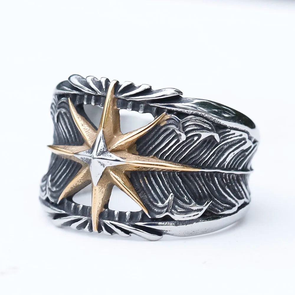 Octagram Ring 316L Stainless Steel Feather Men Ring Hollow Punk Rock Rap for Biker Male Friend Jewelry Creative Gift R-1201