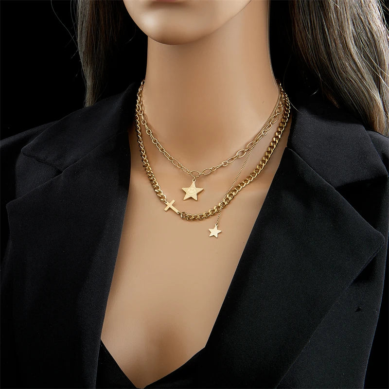 2024 316L Stainless Steel Gold Color Multilayer Necklace For Women Hip Hop Punk Street Trend Chain Choker Girls Jewelry Gift