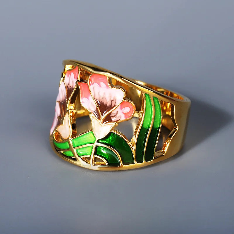 Beautiful Pink Flower Designer Women Ring 2024 Golden Finger Jewelry Luxury Gift Fashion