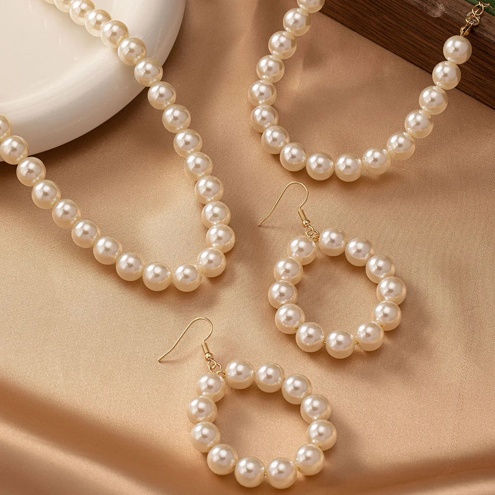 Jewelry Set For Women Imitation Pearl Necklace Bracelet Stud Earrings Retro Fashion Temperament Party Gift OL Holiday