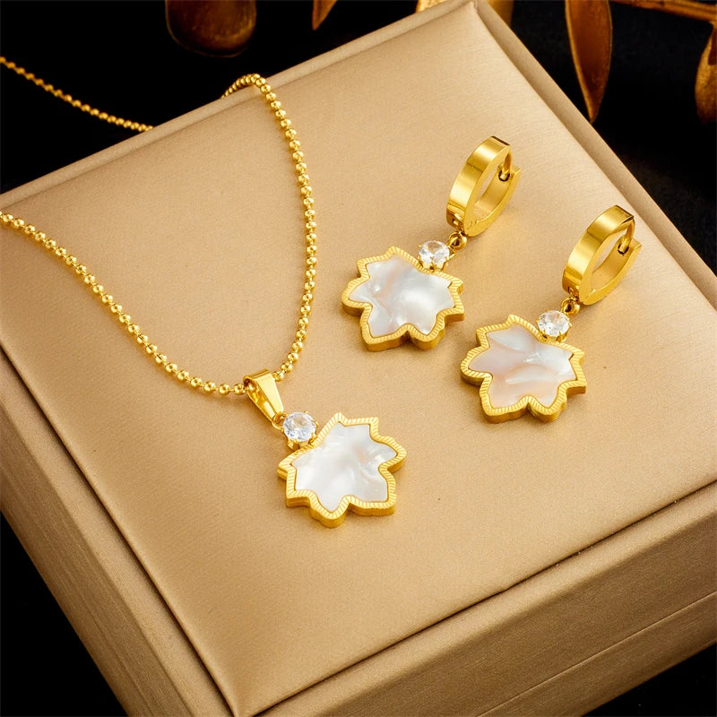 316L Stainless Steel Maple Leaf Zircon Pendant Necklace Earrings For Women Girl New Trendy Choker Jewelry Set Gift Party