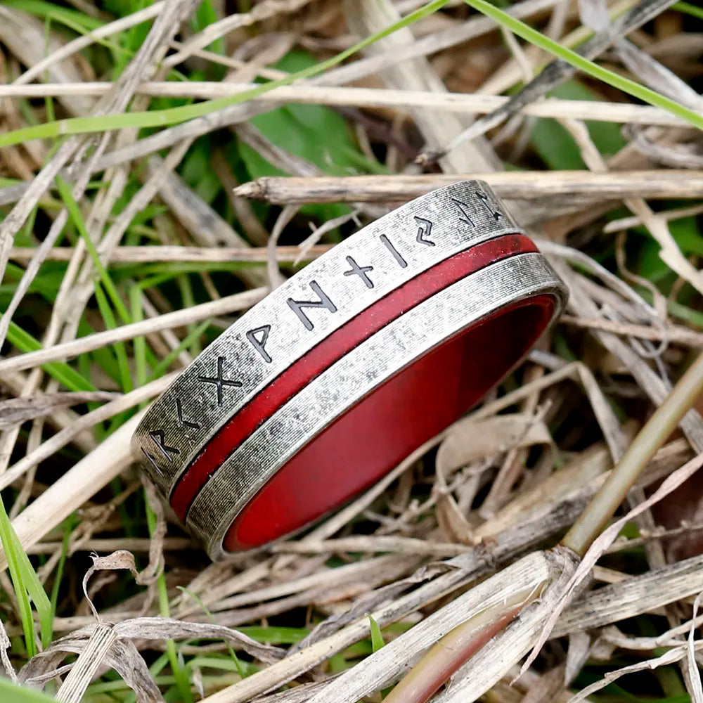 NEW Wholesale 316L Stainless steel Odin Norse Viking Amulet Rune Men Ring Fashion Words Red veneer Rings Jewelry Gift