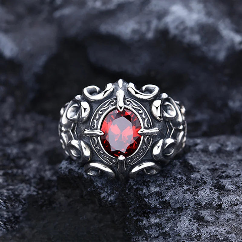 High Grade Carving Flower Ring 925 Silver Male Jewelry Open Size Trendy Crystal Red Oval Ring For Men Accessories Open Size