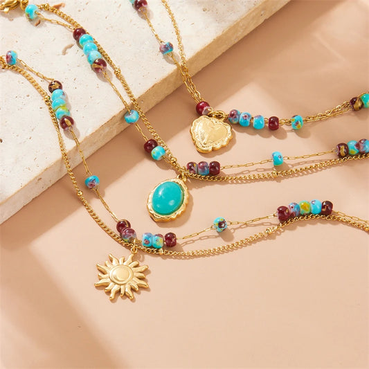 316L Stainless Steell Blue Red Mixed Beads Bilayer Sun Pendant Bracelets New Trend Concise Trend Hand Chain Jewelry Gift