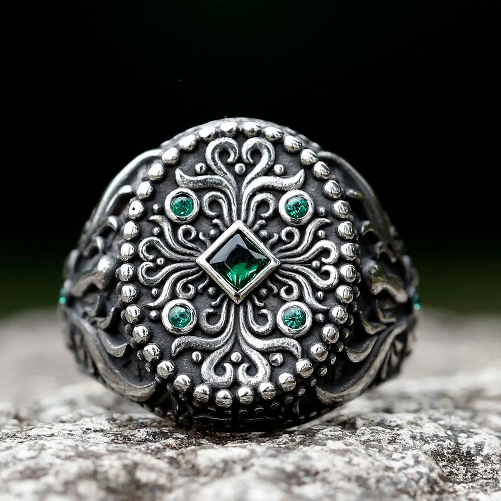 New Unique Design Stainless Steel Turkish Stone Ring Vintage Pattern Men's Ring Retro National Style Jewelry Gift