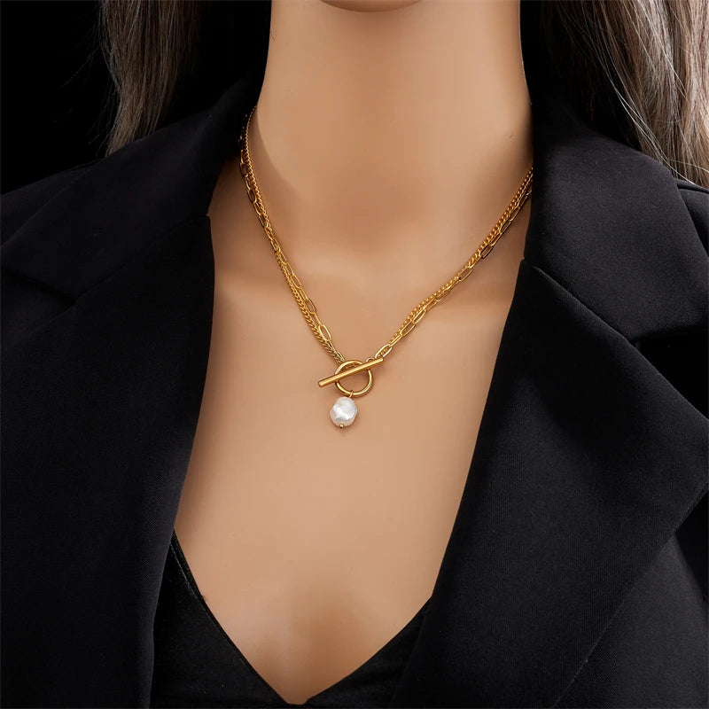 316L Stainless Steel OT Clasp Large Pearl Pendant Necklace For Women New Girls 2-Layer Chain Jewelry Party Gifts Bijoux