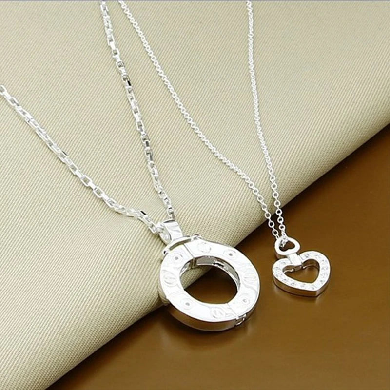 Couple Necklace 925 Silver Heart Circle Women Love Gift Set Chain