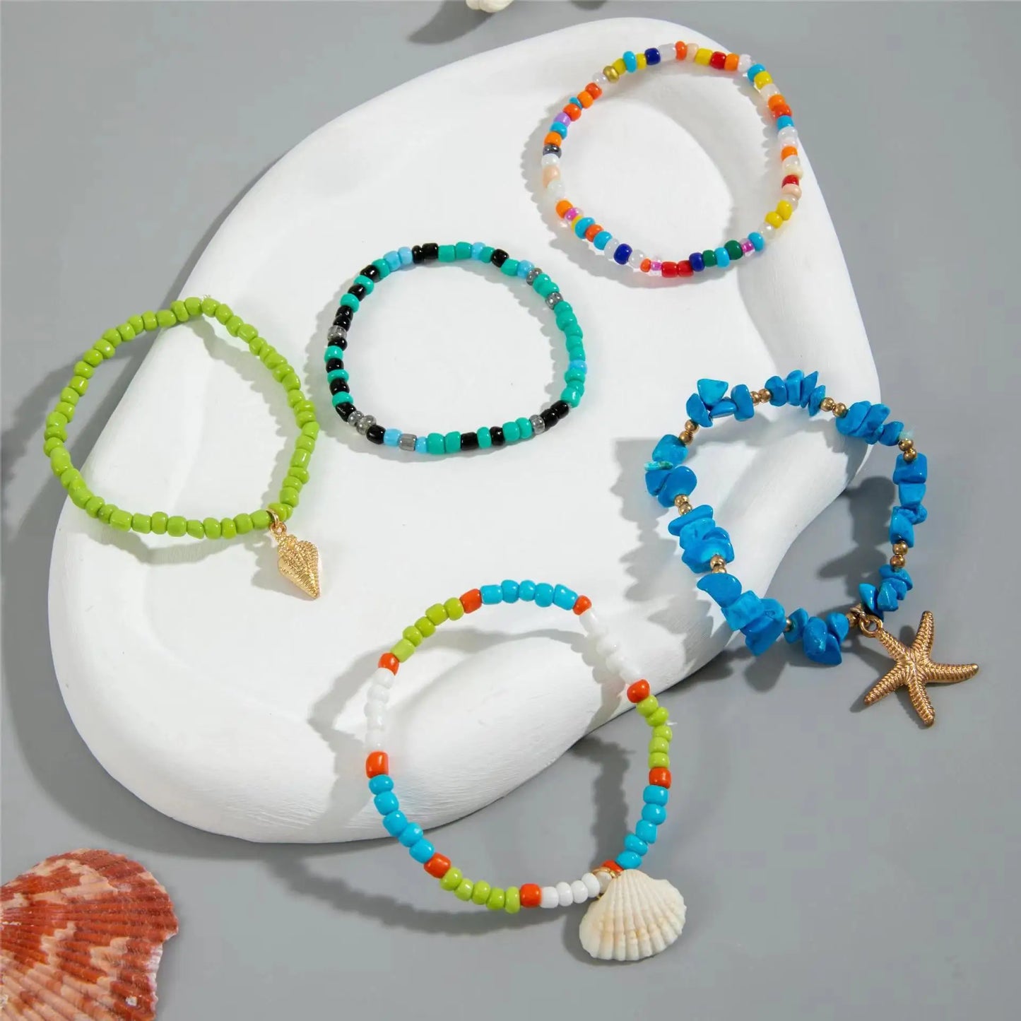 5-7pc/set Starfish Shell Ocean Conch Party Girl Hamsa Hand Bead Bohemia Bracelets For Women Female Jewelry