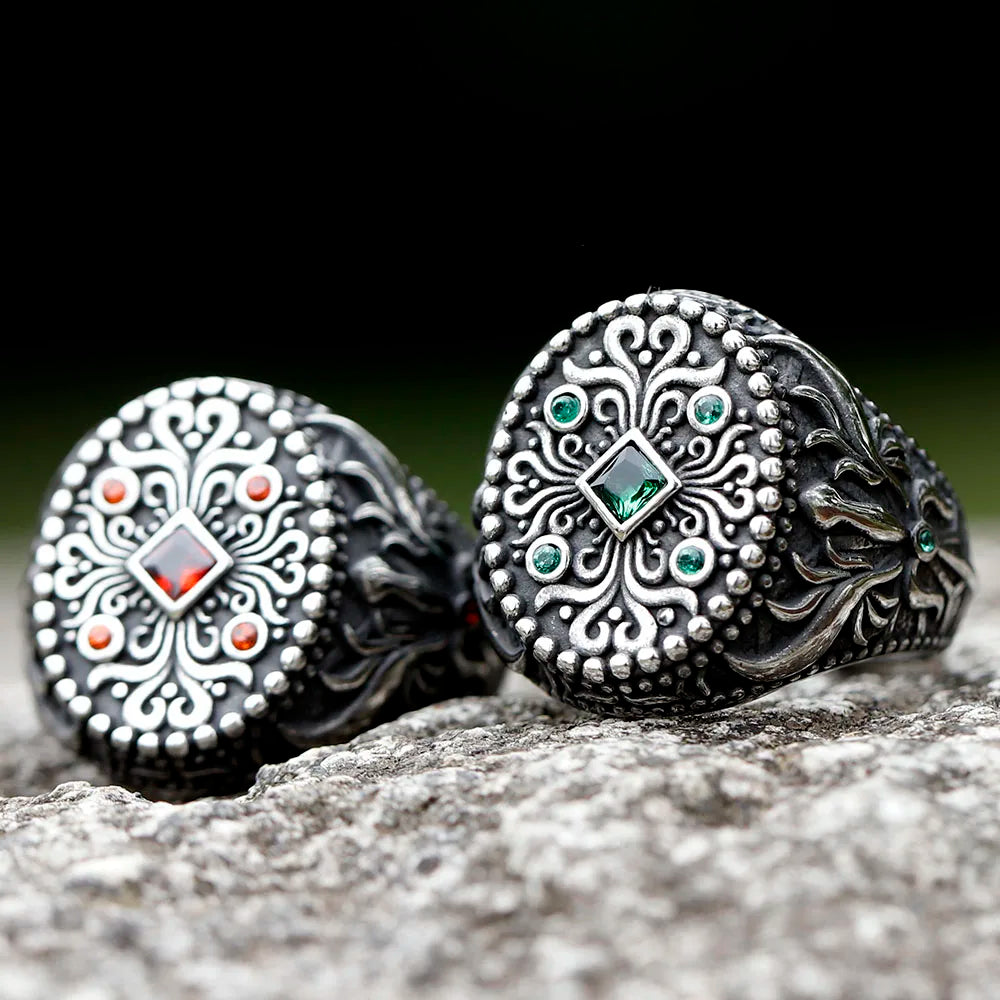 New Unique Design Stainless Steel Turkish Stone Ring Vintage Pattern Men's Ring Retro National Style Jewelry Gift