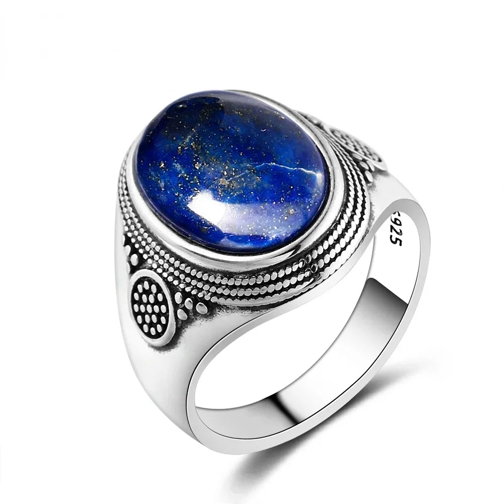 Sterling Silver 925 Ring Natural Big Oval Lapis Rings for Men Retro Luxury Fine Jewelry Party Anniversary Gift