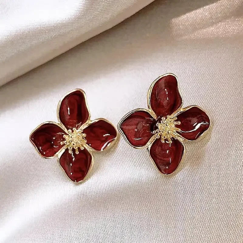 Fashion Korean Women Retro Drip Glaze Red Flower Earrings Women for Delicate Earrings Luxury Couple Engagement Jewelry Gift