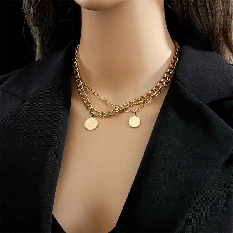 2024 316L Stainless Steel Gold Color Multilayer Necklace For Women Hip Hop Punk Street Trend Chain Choker Girls Jewelry Gift