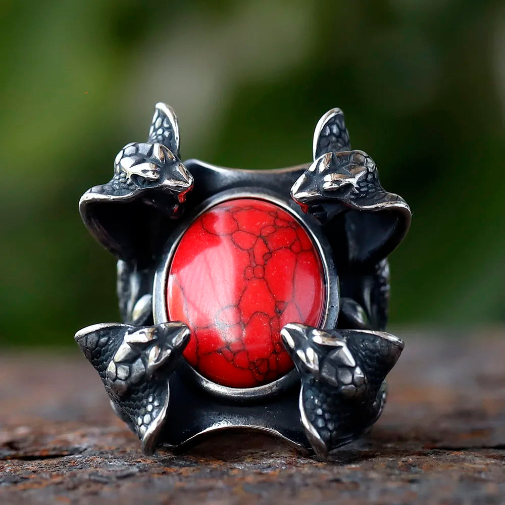 2024 New Creative 316L Stainless Steel Four snake heads and red zircon punk Ring For Men Fashion Biker animal Jewelry Gift