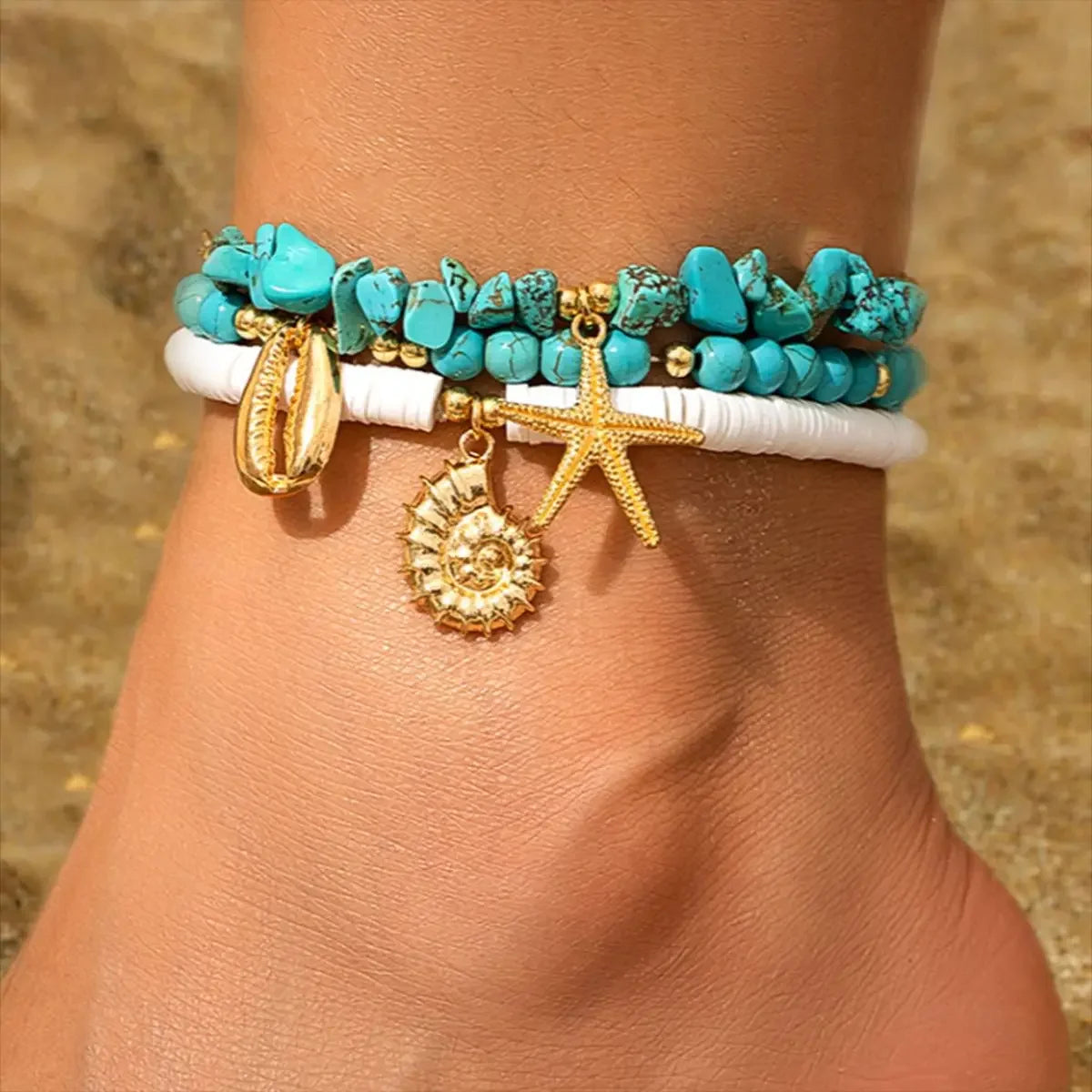 European and American jewelry ocean fan shell rice turquoise anklet female beach starfish beaded anklet foot