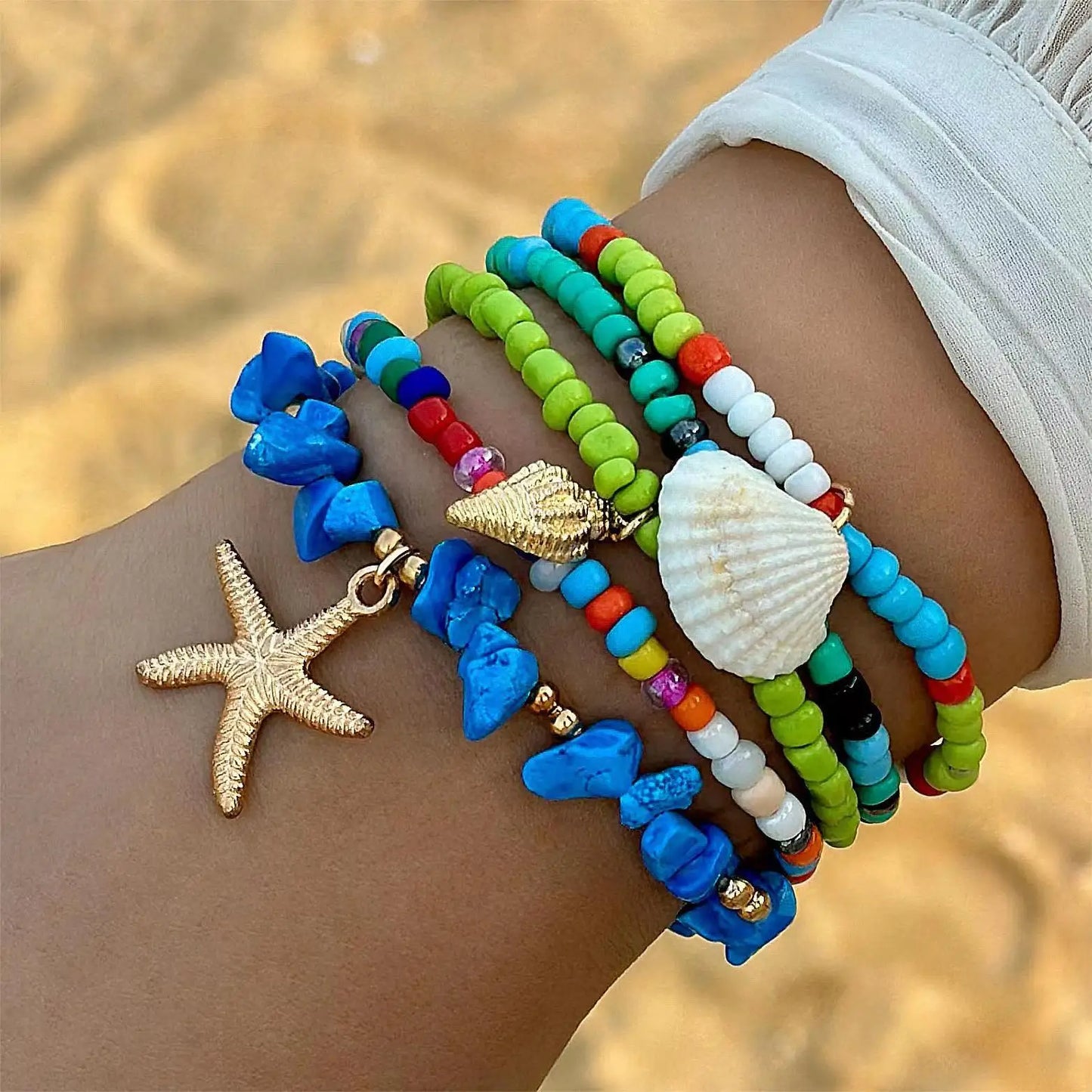 5-7pc/set Starfish Shell Ocean Conch Party Girl Hamsa Hand Bead Bohemia Bracelets For Women Female Jewelry