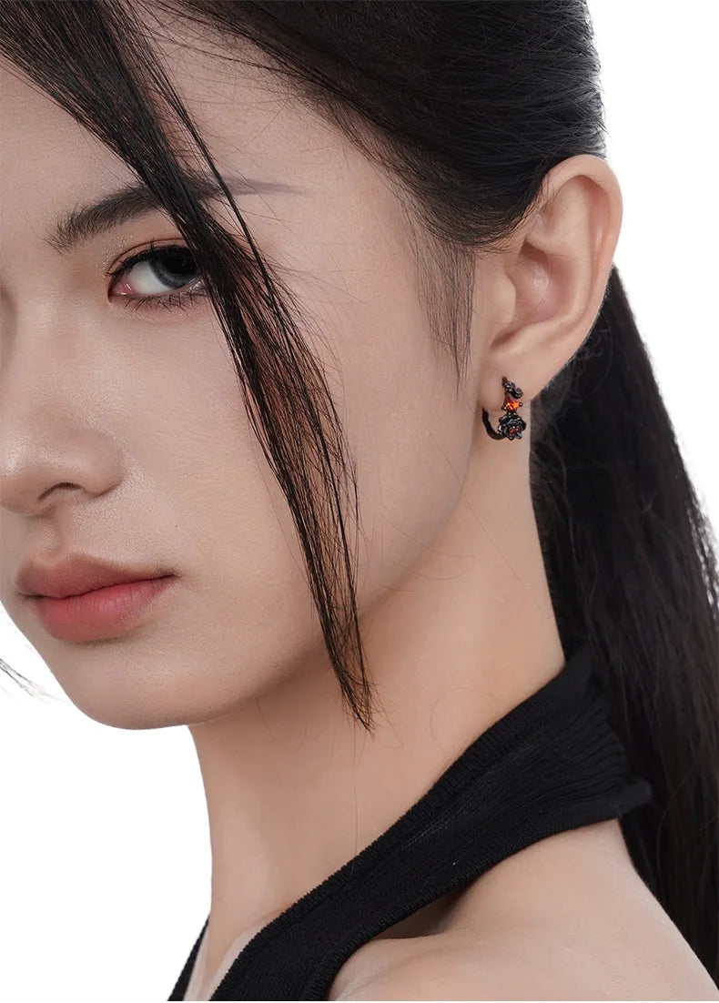 F.I.N.S Original Design S925 Sterling Silver Black Rose Hoop Earrings Women Small Fashion Red Zirconia Ear Buckles Fine Jewelry