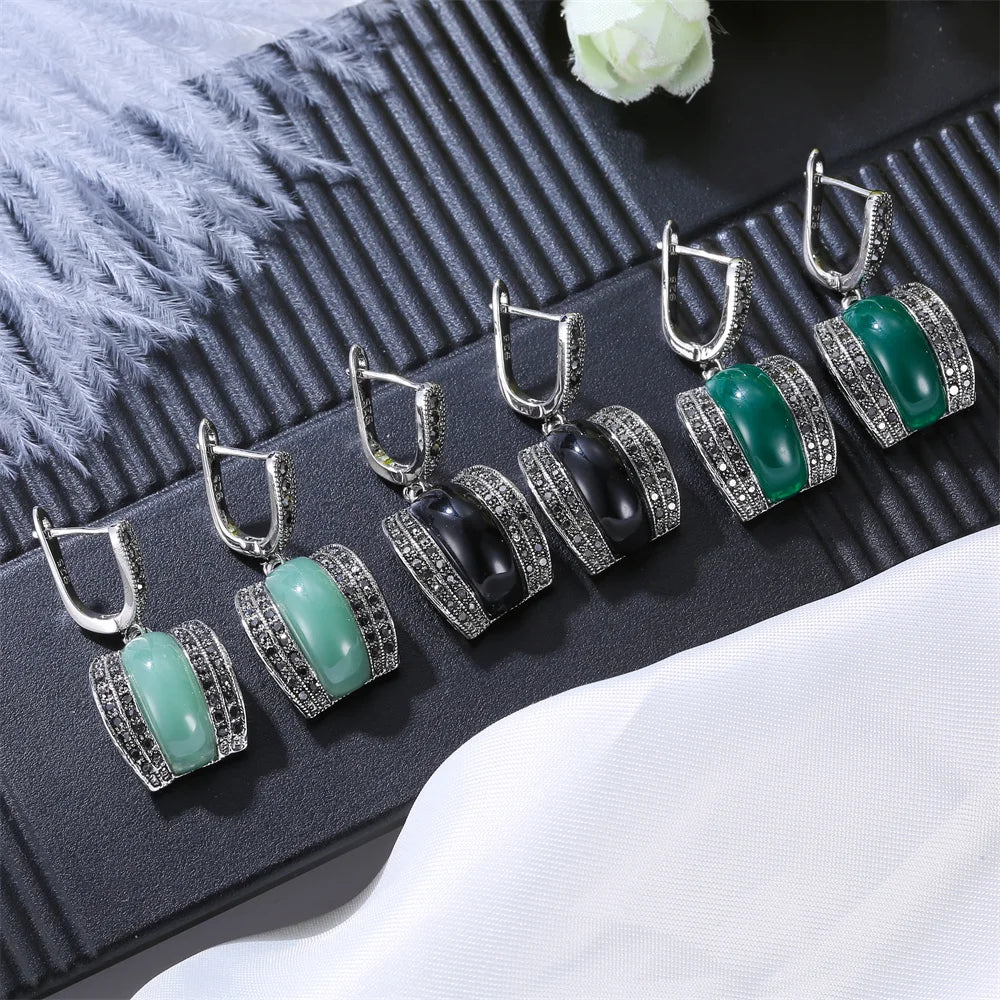 Original Designer Antique Silver Color Women Jewelry Set Geometric Green Stone Ring Necklace And Earrings Sets