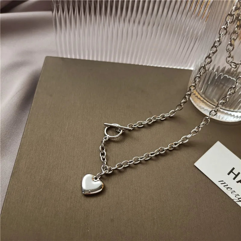 Punk Thick Lock Chain Heart Shape Pendant Choker Necklace for Women Retro Silver Color Metal Neck Chain Female Jewelry Gift