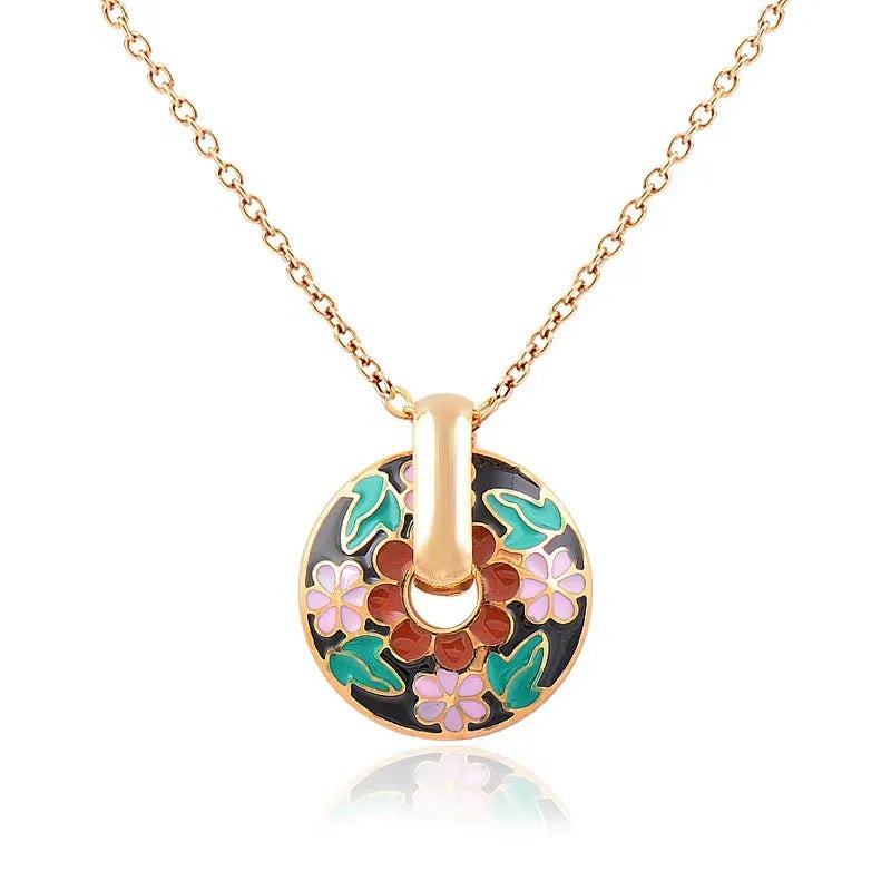 Vintage Geometric Oil Drip Flower Print Stainless Steel Round Pendant Necklace Earrings for Women Set Jewelry