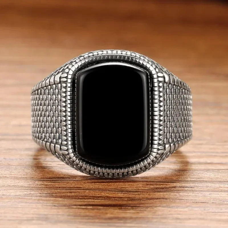 Black Stone Ring Men Real 925 Sterling Silver Open Size Vintage Wedding Men Rings Cubic Zirconia Onyx Jewelry