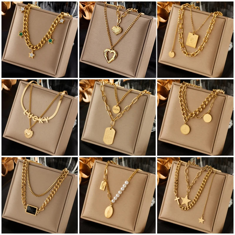 2024 316L Stainless Steel Gold Color Multilayer Necklace For Women Hip Hop Punk Street Trend Chain Choker Girls Jewelry Gift