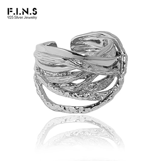 F.I.N.S Multi-Layered Thick Lines S925 Sterling Silver Open Ring Winding Wide Irregular Adjustable Finger Rings for Women Men