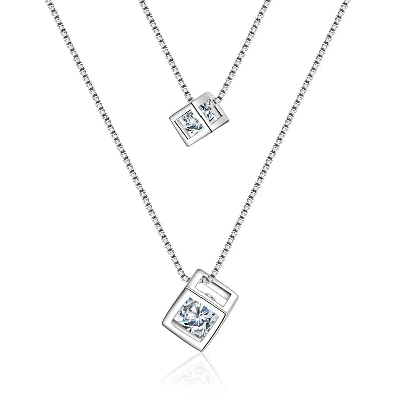 S925 Sterling Silver Love Cube Pendant For Women Double-Layer Clavicle Chain Pendant Necklace Necklace (40cm+3.5cm)