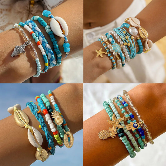 5-7pc/set Starfish Shell Ocean Conch Party Girl Hamsa Hand Bead Bohemia Bracelets For Women Female Jewelry