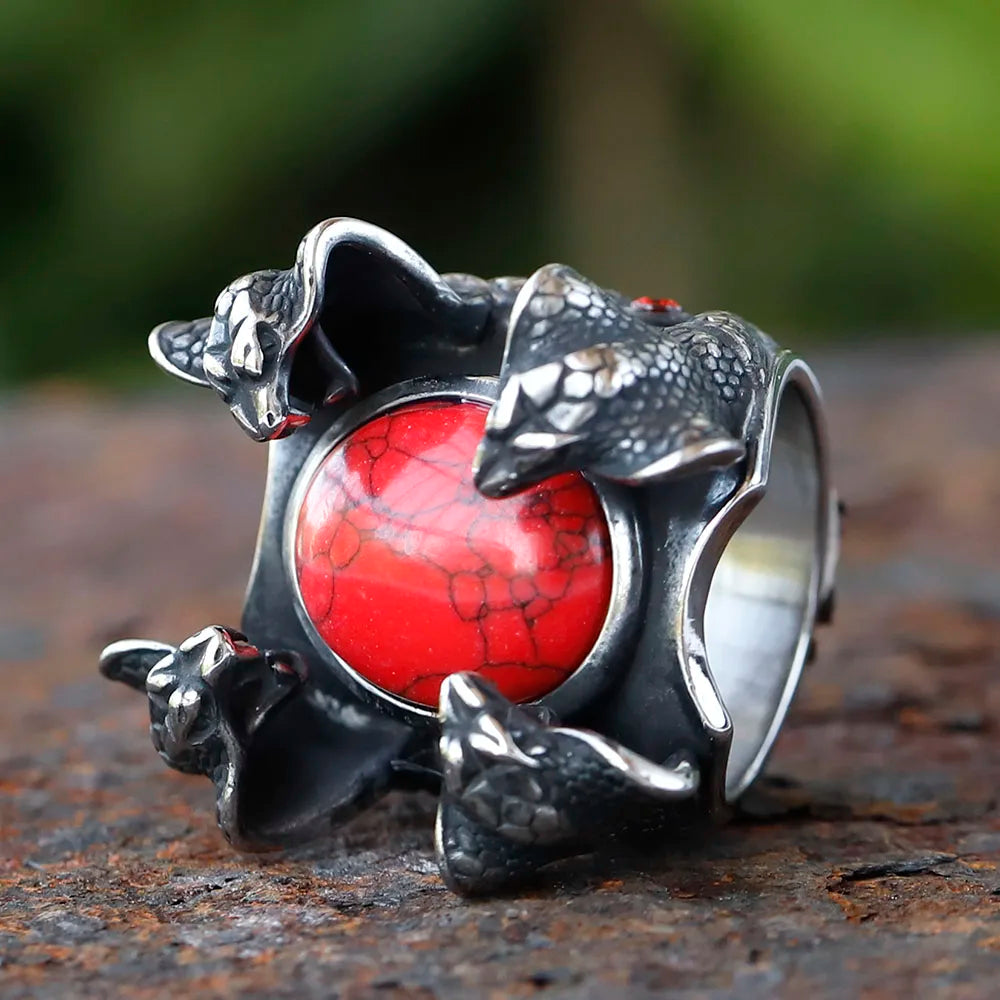 2024 New Creative 316L Stainless Steel Four snake heads and red zircon punk Ring For Men Fashion Biker animal Jewelry Gift