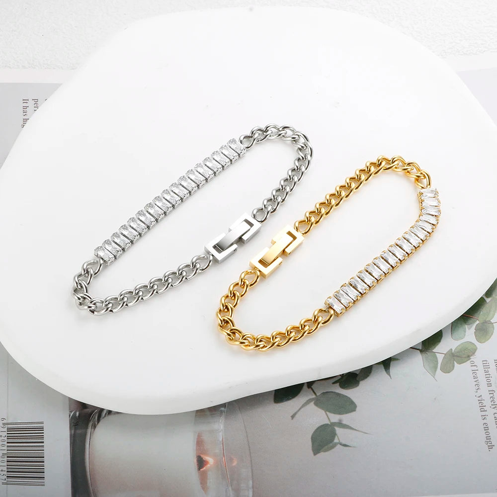 Luxury Cubic Zirconia Paneled Cuban Chain Bracelet 316L Stainless Steel White Square Crystal Bracele For Women Jewelry Wholesale