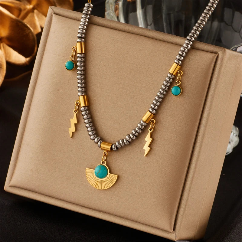 316L Stainless Steel Green Stone Crystal Necklace For Women Bohemian Ethnic Chain Choker Wedding Party Jewelry Gift