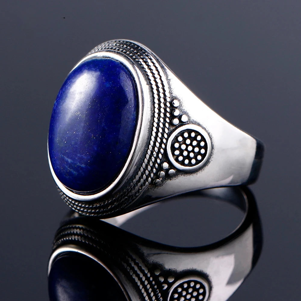 Sterling Silver 925 Ring Natural Big Oval Lapis Rings for Men Retro Luxury Fine Jewelry Party Anniversary Gift