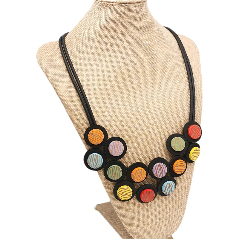 New 2024 Multicolor Rubber Necklaces For Women Gothic Pendant Sweater Choker Design Ethnic Jewelry Wood Accessories Necklace