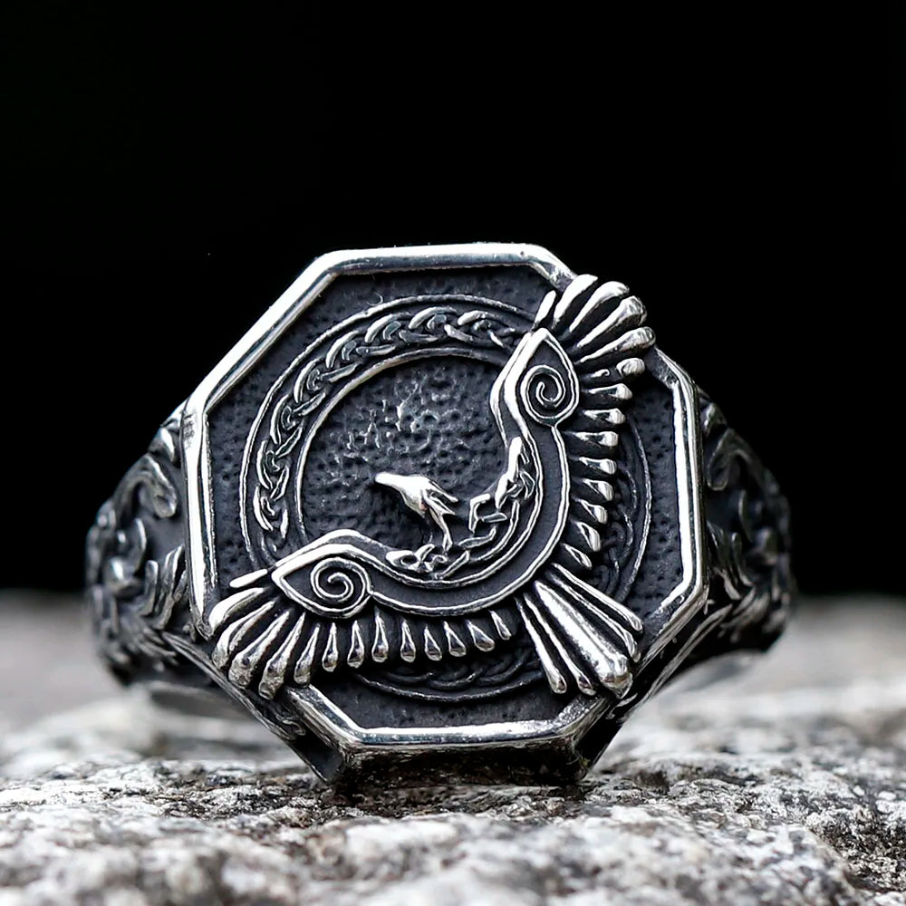 New 316L Stainless Steel Norse Amulet Mythology Flying Eagle Ring For Man Viking Pattern Jewelry Party Gift