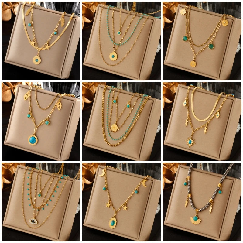 316L Stainless Steel Green Stone Crystal Necklace For Women Bohemian Ethnic Chain Choker Wedding Party Jewelry Gift