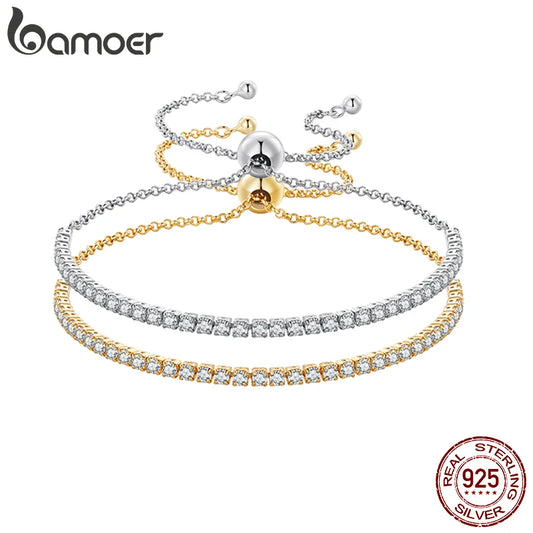 14K Gold Plated CZ Classic Tennis Bracelet for Women, 925 Sterling Silver Adjustable Slider Bracelet Wedding Jewelry Gift