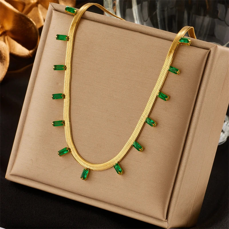 316L Stainless Steel Green Stone Crystal Necklace For Women Bohemian Ethnic Chain Choker Wedding Party Jewelry Gift