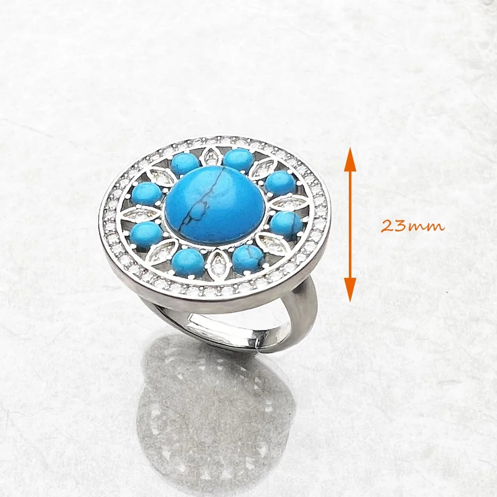 Round Blue Ornament Ring,Europe Style Glam Fashion Good Jewelry For Women Spring Gift In 925 Sterling Silver