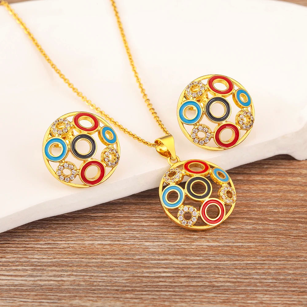 Fashion Creative Hollow Design Circle Colorful Zircon Necklace Earrings Luxury Party New Year Jewelry Sets