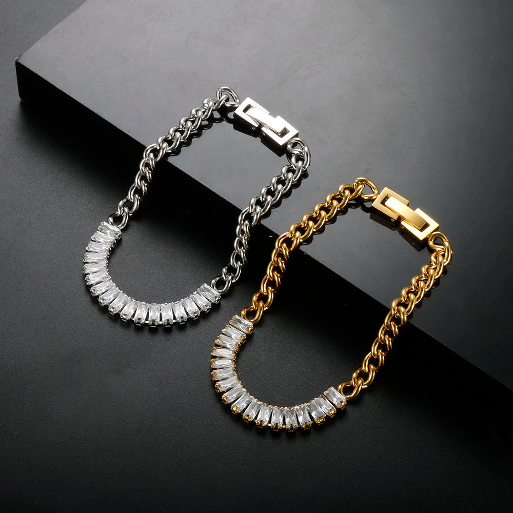 Luxury Cubic Zirconia Paneled Cuban Chain Bracelet 316L Stainless Steel White Square Crystal Bracele For Women Jewelry Wholesale