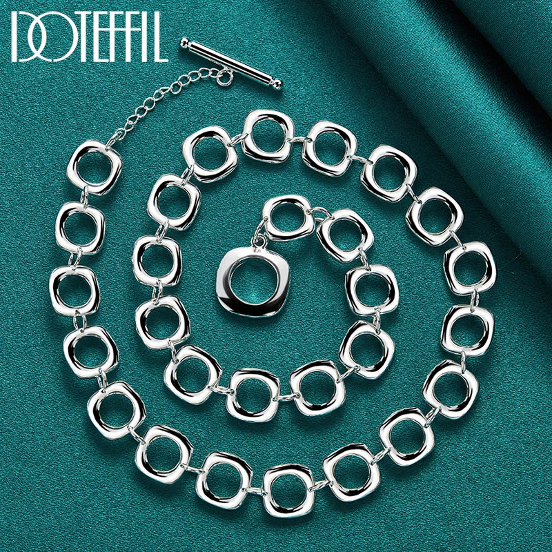 925 Sterling Silver Square Round Chain Necklace For Women Charm Wedding Engagement Party Fashion Jewelry