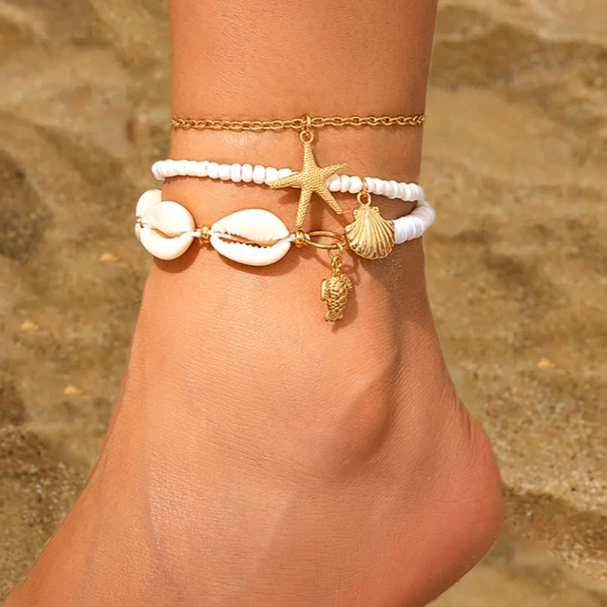 European and American jewelry ocean fan shell rice turquoise anklet female beach starfish beaded anklet foot