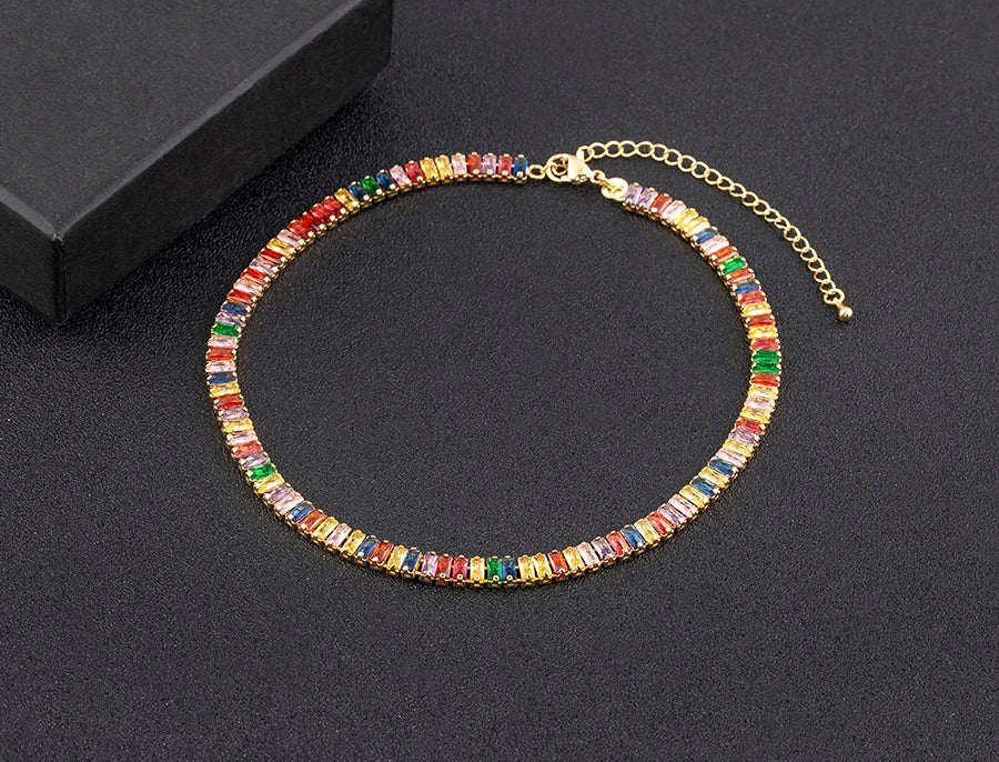 Classic Colorful Tennis Necklace Women Rectangular Full Zircon Neck Jewelry Adjustable Wedding Party Gift