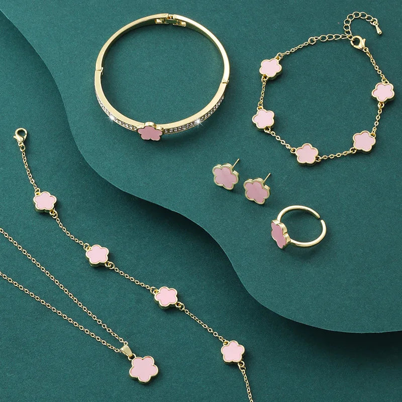 5Pcs Luxury Five-leaf Flower Jewelry Set for Women 2024 Sparkle CZ Bangle Necklace Earrings Bracelet Charming Clover Jewelry